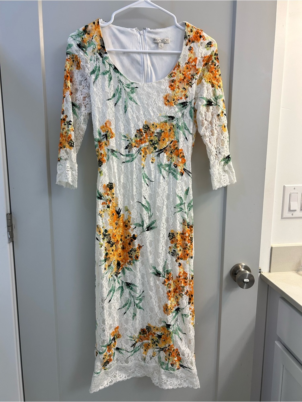 eva mendes for New York & Company White Lace Midi Dress with Orange Floral Print